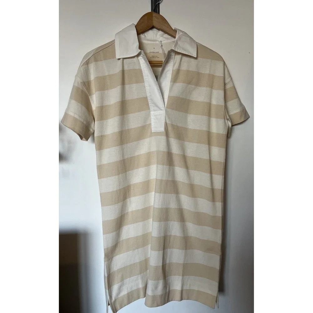 NWT Everlane Tan White Stripe Organic Cotton Polo Dress Size XS